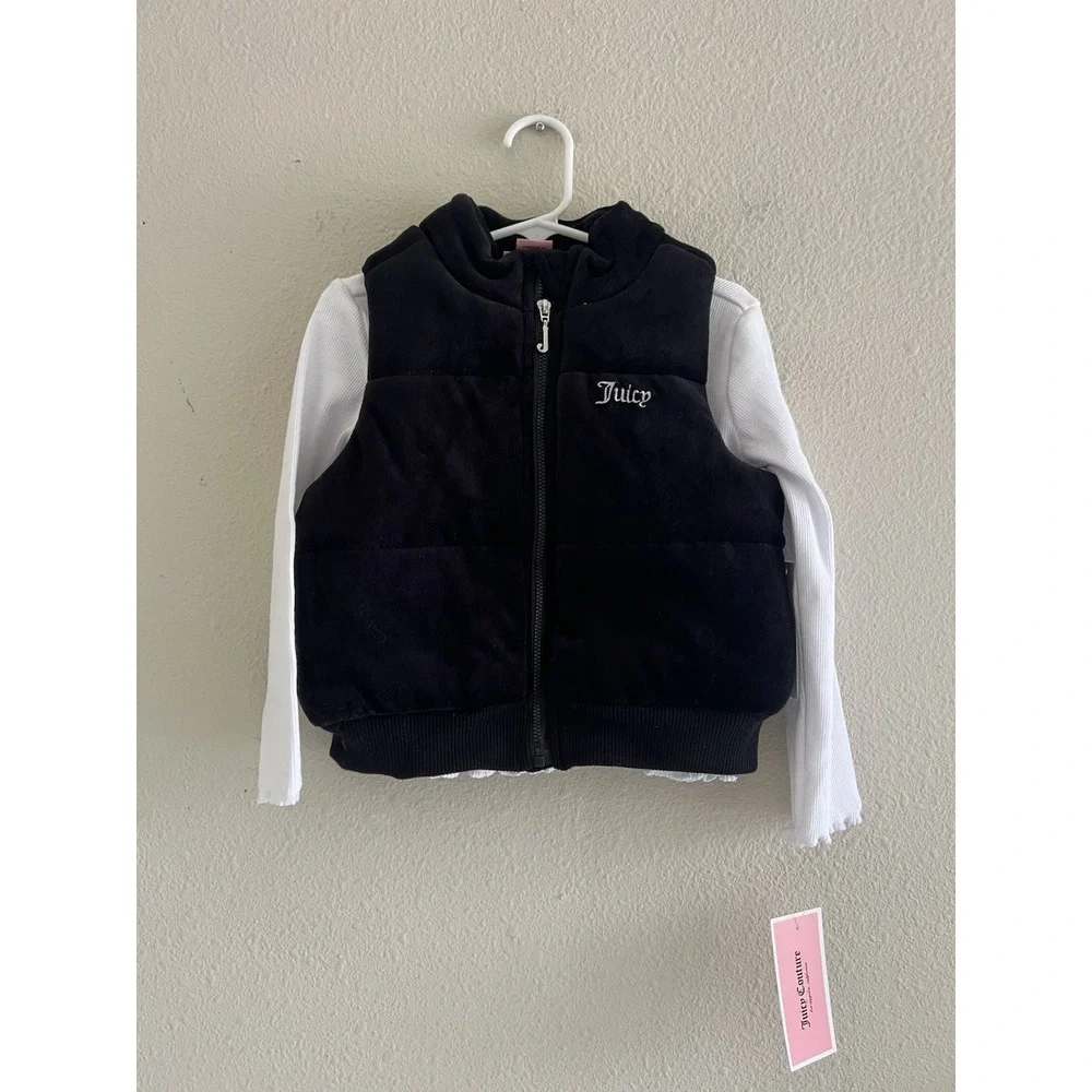 Juicy Couture Girls Black Fleece Vest & White Top Set 4T Casual Winter Beaded